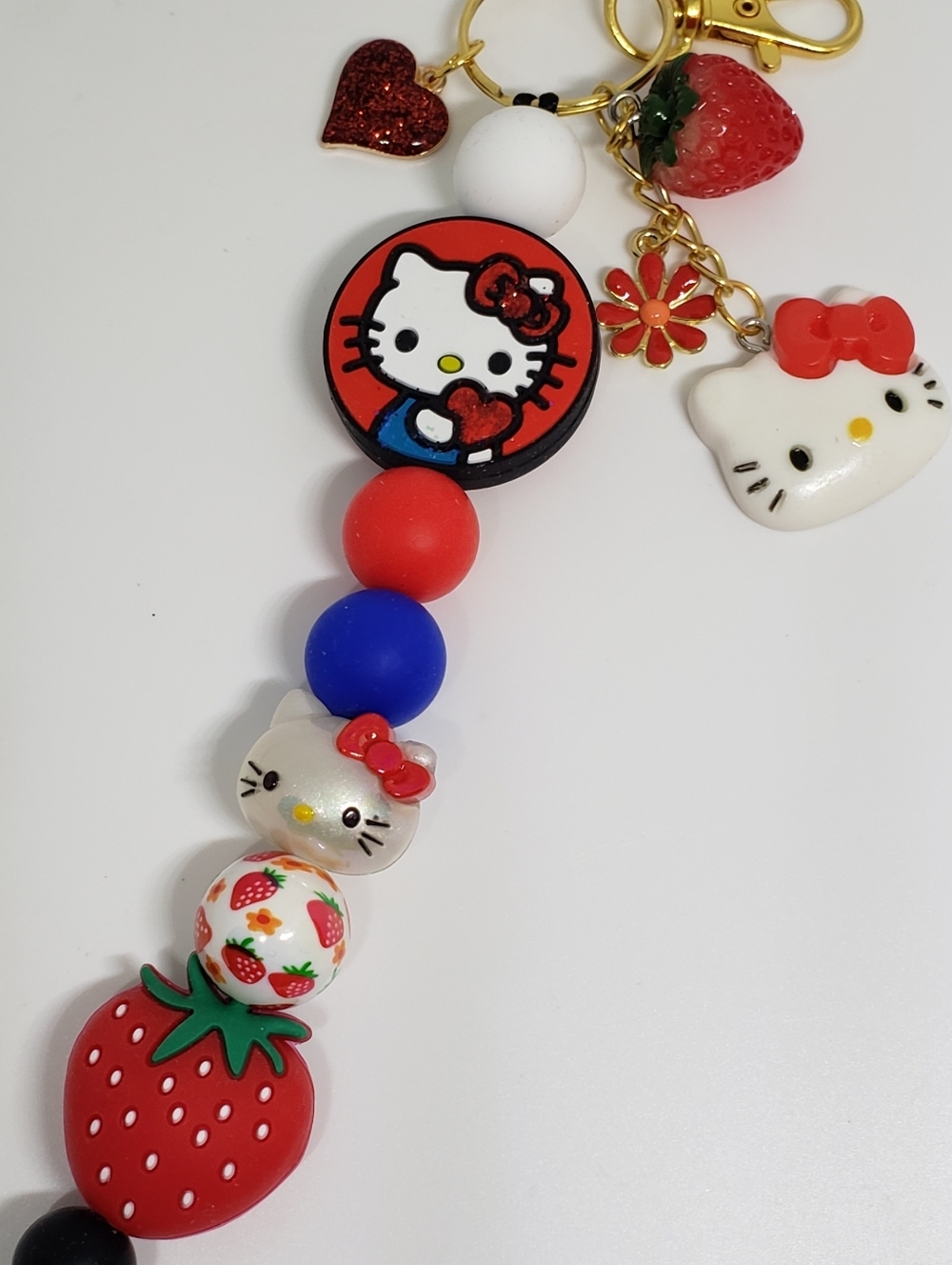Handmade Glitter Kawaii Blue Red White Strawberry Flower Hello Kitty Keychain
